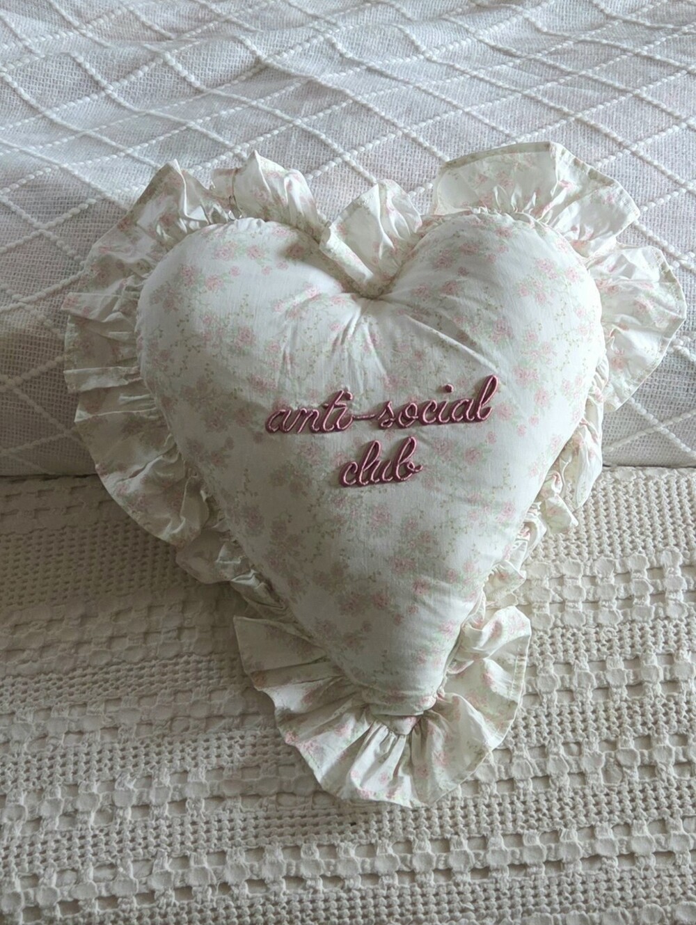 Stylehouse Anti Social Club Pink Floral Embroidered Ruffled Heart Pillow